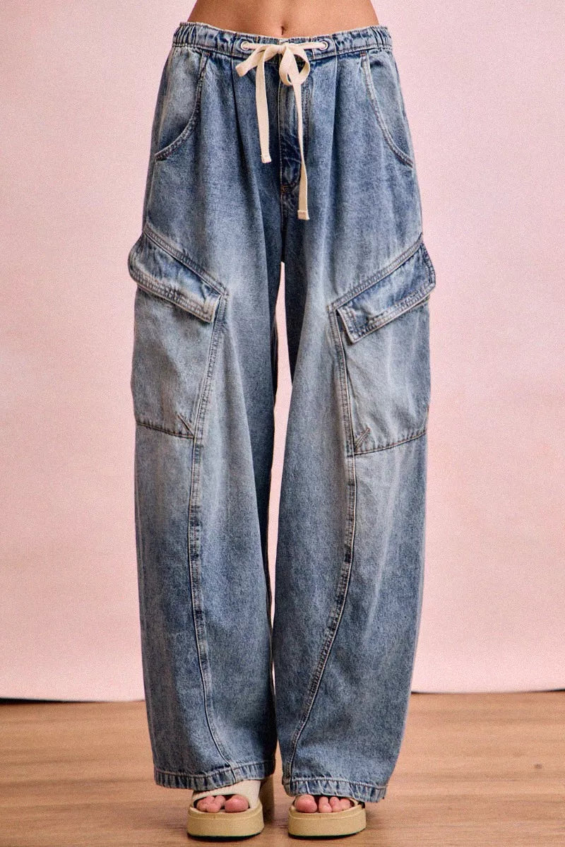 BiBi Baggy Barrel Jeans With Cargo Pockets Denim