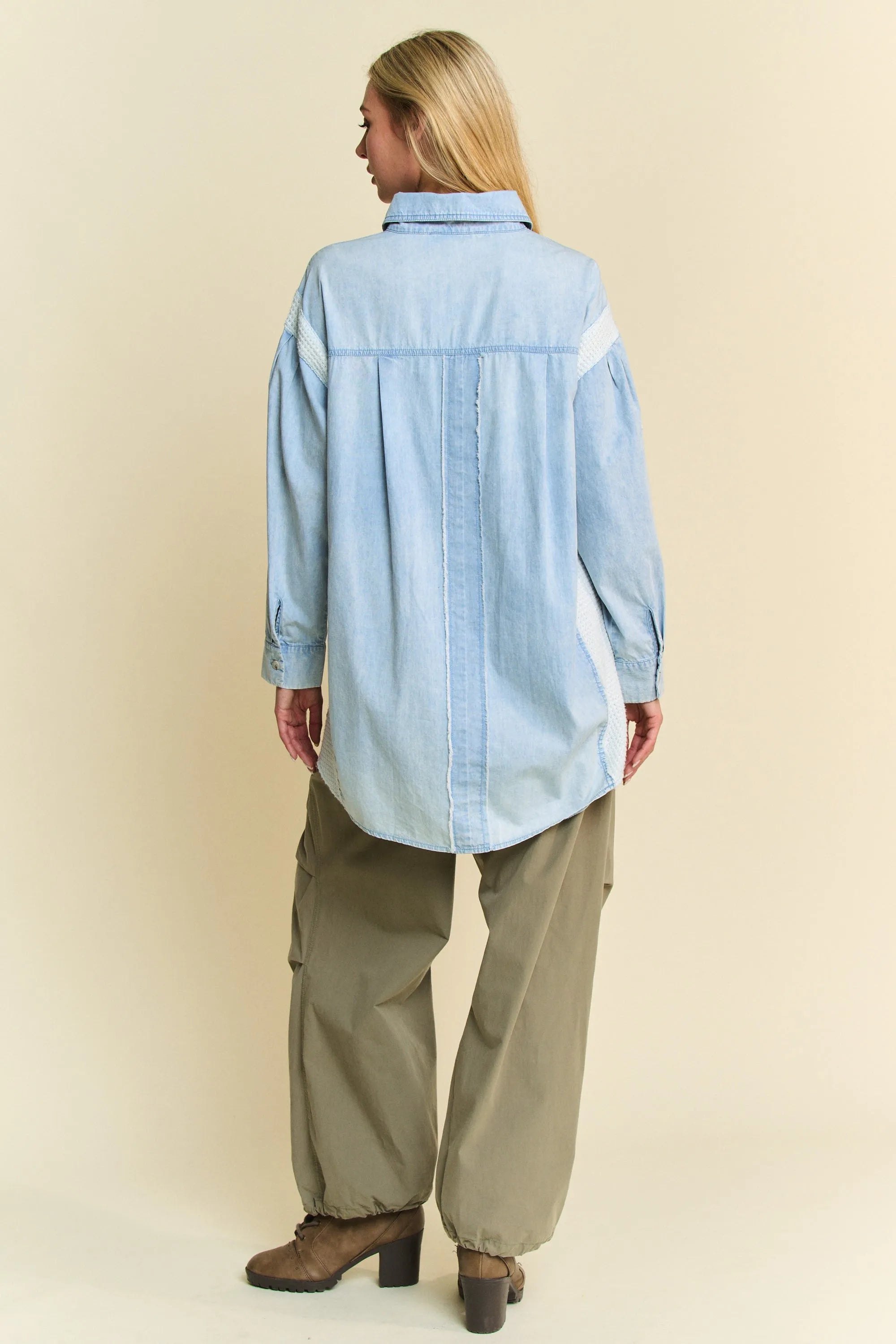 Davi & Dani Lightweight Denim Washed Daisy Patch Waffle Knit Shirt