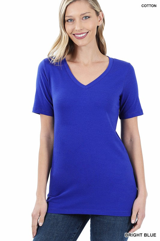 Zenana Cotton V-Neck Short Sleeve T-Shirts BRIGHT BLUE XL ZENANA