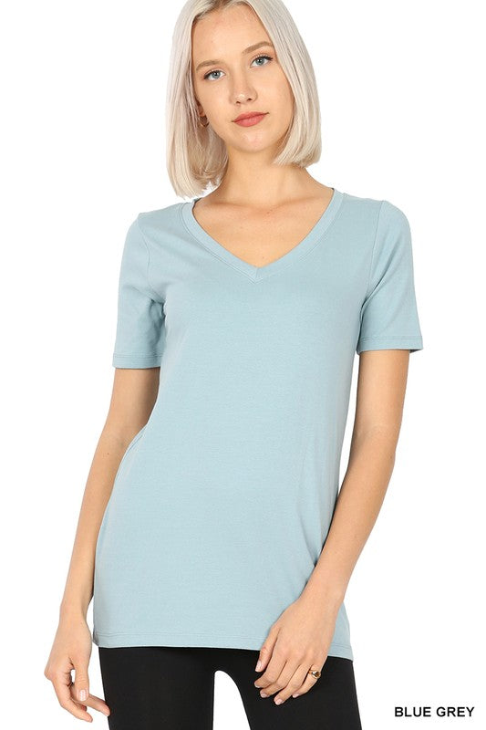 Zenana Cotton V-Neck Short Sleeve T-Shirts BLUE GREY ZENANA