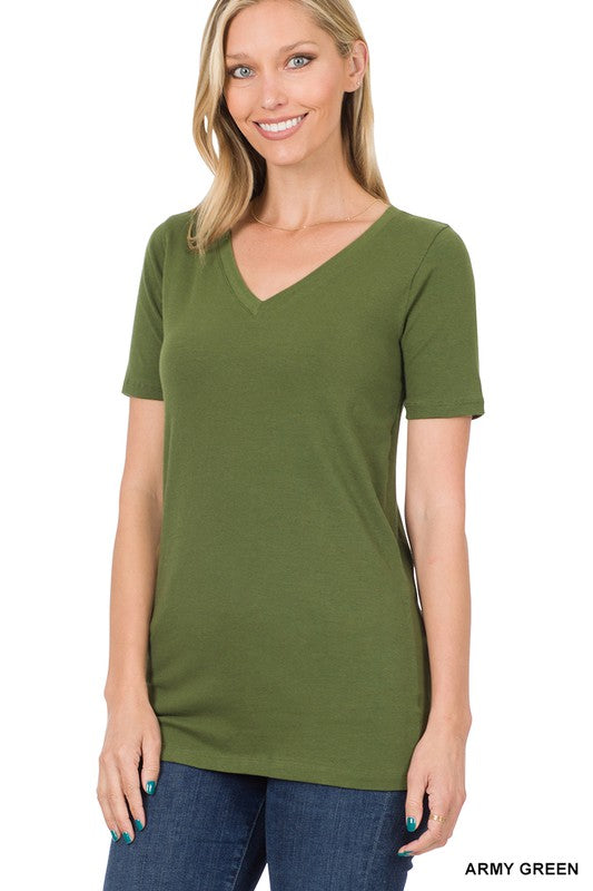 Zenana Cotton V-Neck Short Sleeve T-Shirts ARMY GREEN XL ZENANA