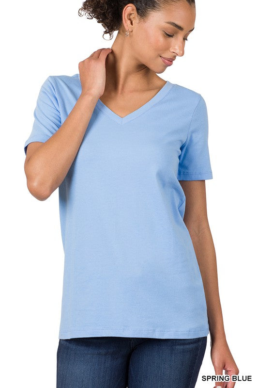Zenana Cotton V-Neck Short Sleeve T-Shirts SPRING BLUE ZENANA