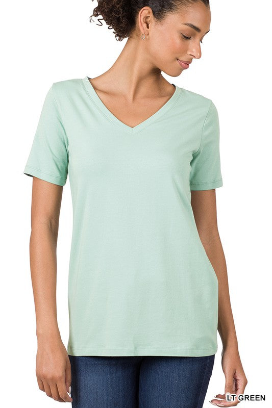 Zenana Cotton V-Neck Short Sleeve T-Shirts LT GREEN ZENANA