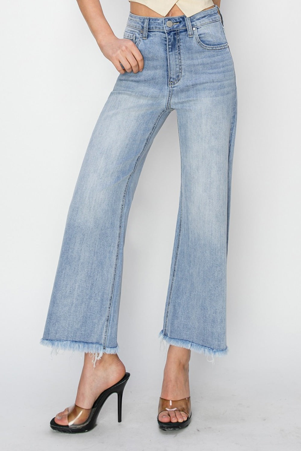 RISEN High Rise Crop Wide Fray Hem Jeans Trendsi