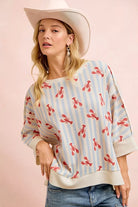 BiBi 4th Of July Lobsters Stripe Waffle Knit Sleeve Top Light Blue Red
