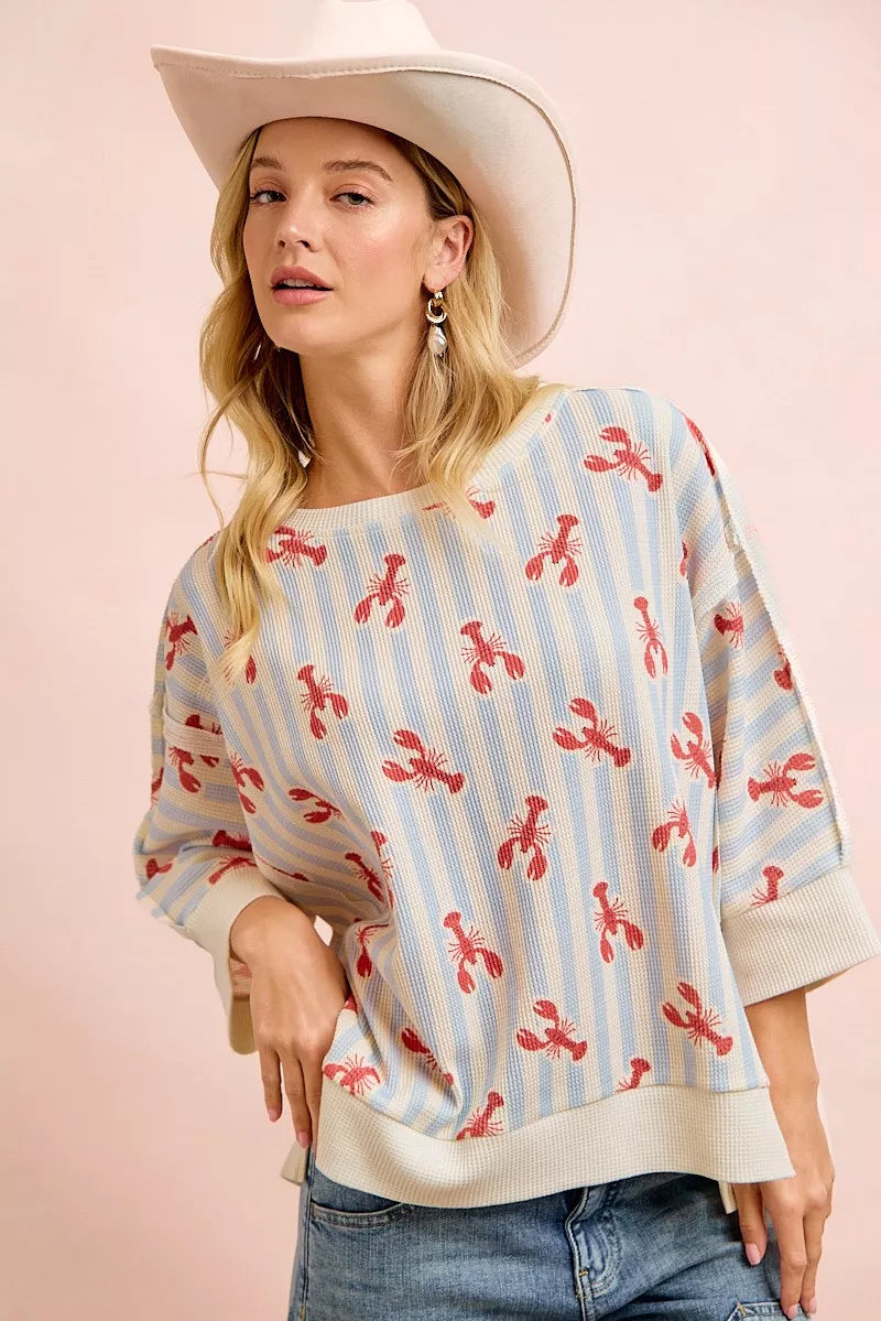 BiBi 4th Of July Lobsters Stripe Waffle Knit Sleeve Top Light Blue Red