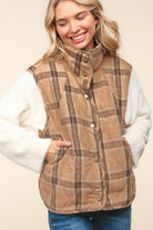 Haptics Layer Up Taupe Plaid Snap Button Quilted Puffer Vest Haptics