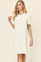 Double Take Quilted Textured Collared Neck Puff Sleeve Dress Cream Trendsi