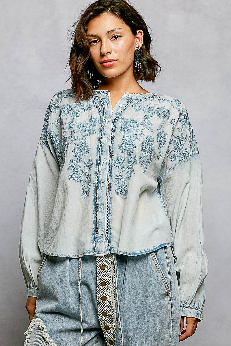 POL Denim Blue Floral Embroidered Button Down Long Sleeve Shirt