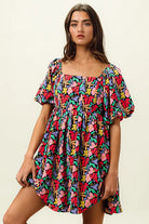BiBi Black Multi Floral Print Puff Sleeves Square Neck Dress BLACK MULTI