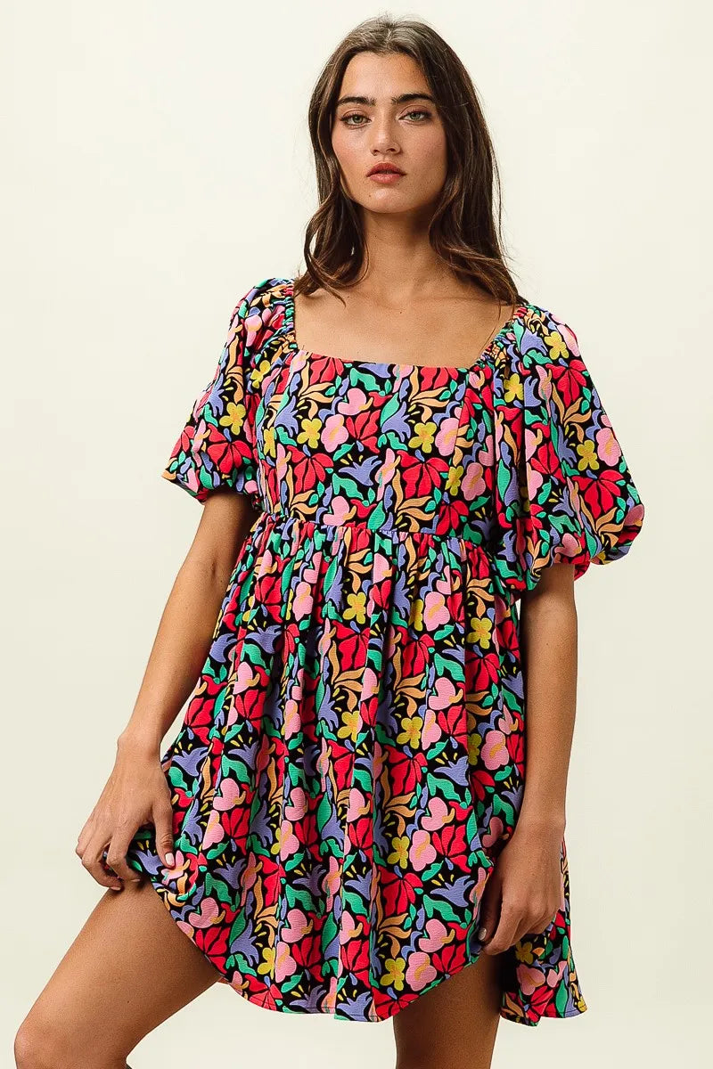 BiBi Black Multi Floral Print Puff Sleeves Square Neck Dress BLACK MULTI