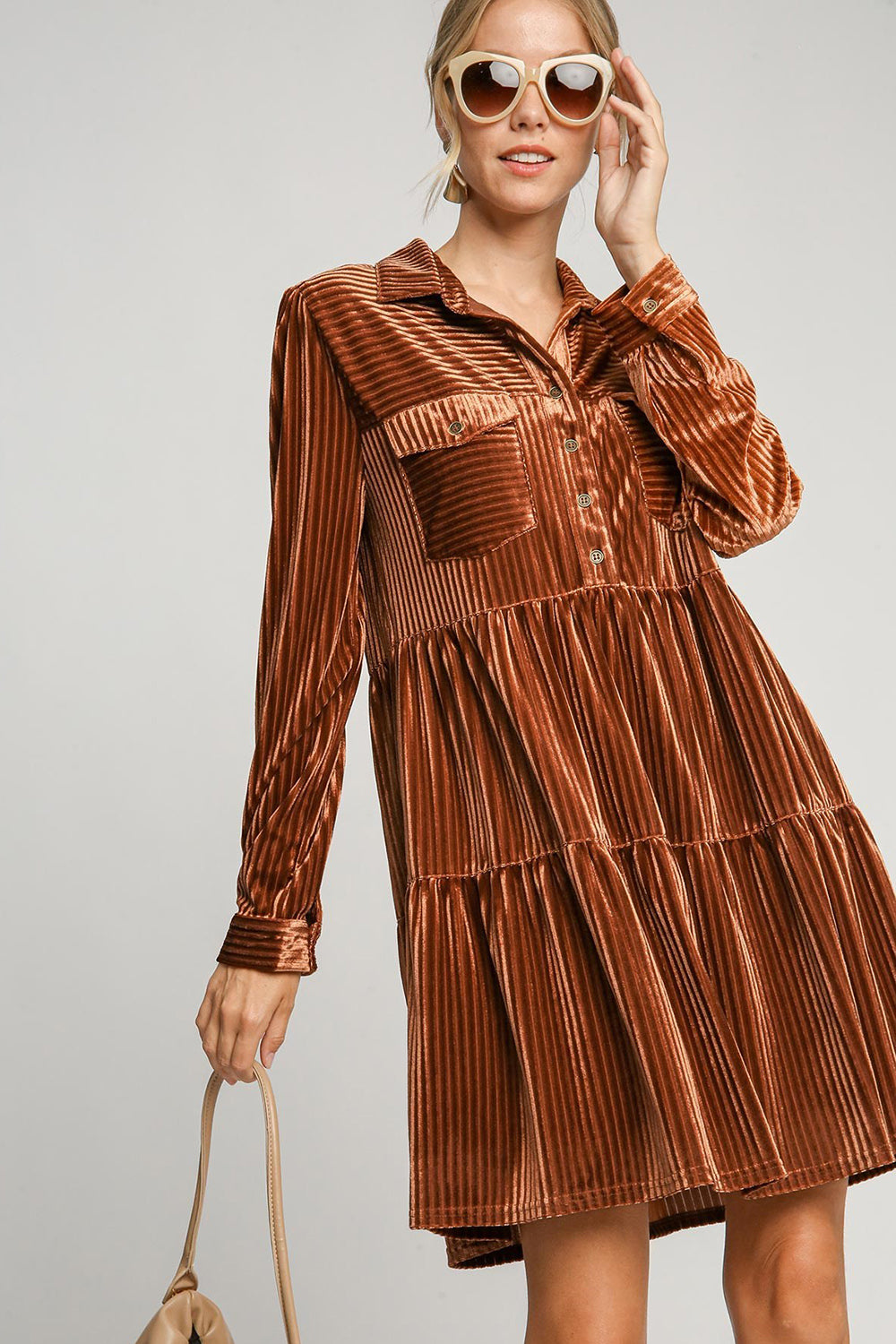 Umgee Copper Textured Tiered Collared Long Sleeve Dress Copper Dresses