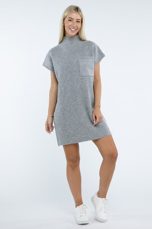 Zenana Mock Neck Short Sleeve Sweater Dress with Pocket in 6 Colors! ZENANA