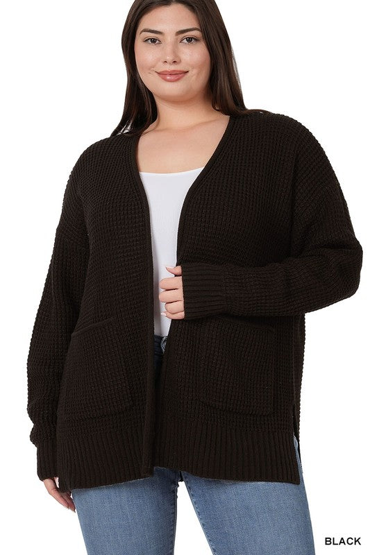 Zenana Plus Size Low Gauge Waffle Open Cardigan Sweater BLACK ZENANA