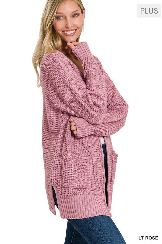 Zenana Plus Size Low Gauge Waffle Open Cardigan Sweater LT ROSE ZENANA