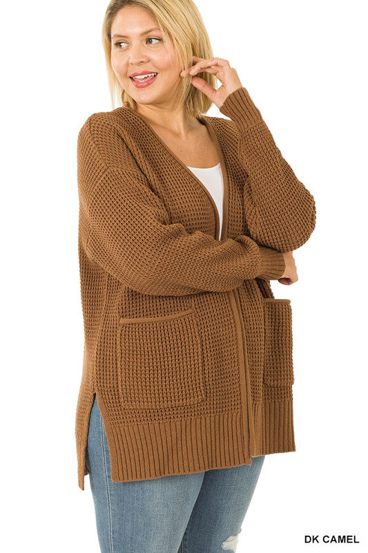 Zenana Plus Size Low Gauge Waffle Open Cardigan Sweater DK CAMEL ZENANA