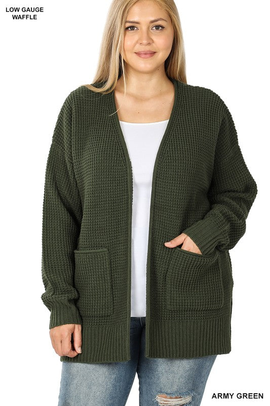 Zenana Plus Size Low Gauge Waffle Open Cardigan Sweater ARMY GREEN ZENANA
