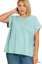 Zenana Dusty Teal Crinkle Washed Round Neck Folded Short Sleeve Tee