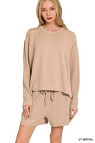Zenana Light Mocha Corded Rib Long Sleeve Tee and Shorts Set LT MOCHA
