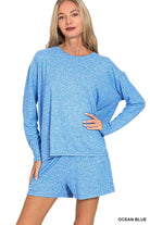 Zenana Ocean Blue Soft Melange Long Sleeve Tee and Shorts Set OCEAN BLUE