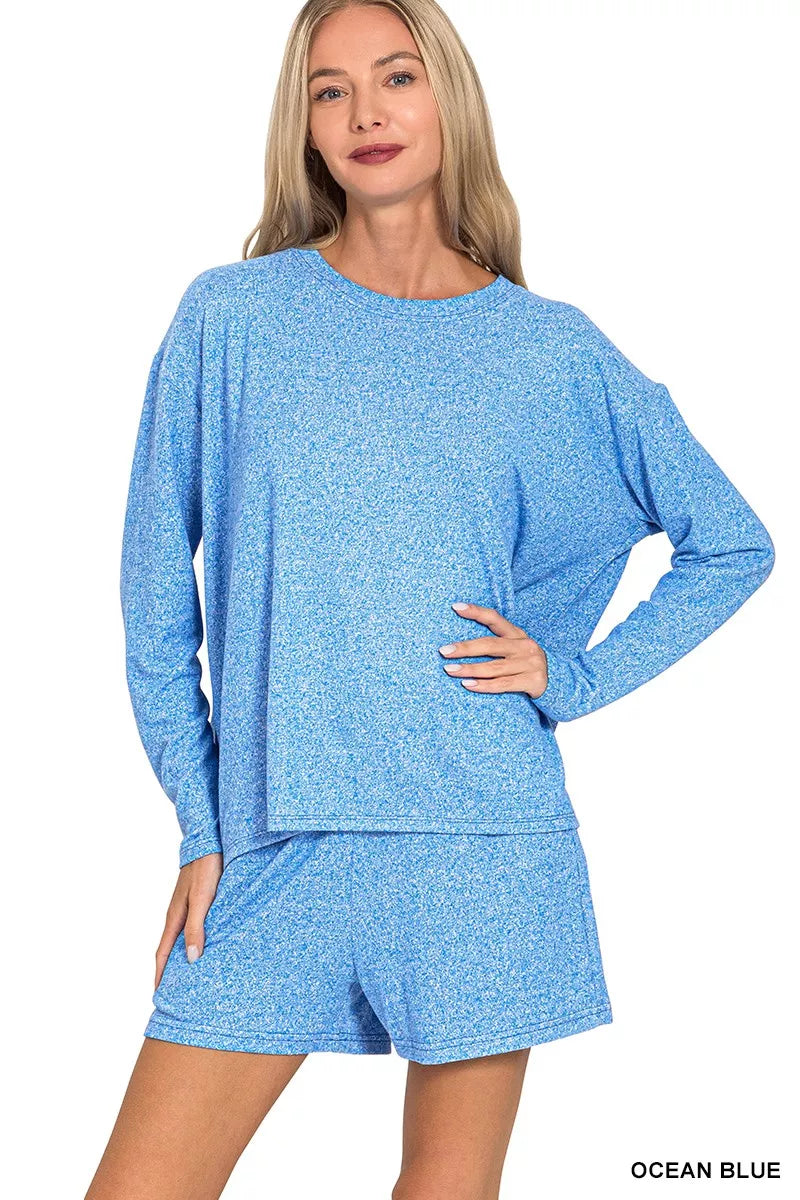 Zenana Ocean Blue Soft Melange Long Sleeve Tee and Shorts Set OCEAN BLUE