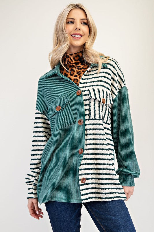 Celeste Turquoise Striped Button Up Dropped Shoulder Shacket Coats & Jackets