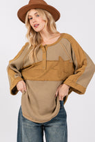 SAGE + FIG Olive Star Applique Patch Exposed Seam Waffle Knit Top Olive Trendsi