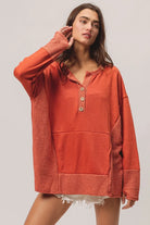 BiBi Rust French Terry Knit Side Block Buttoned Henley Top