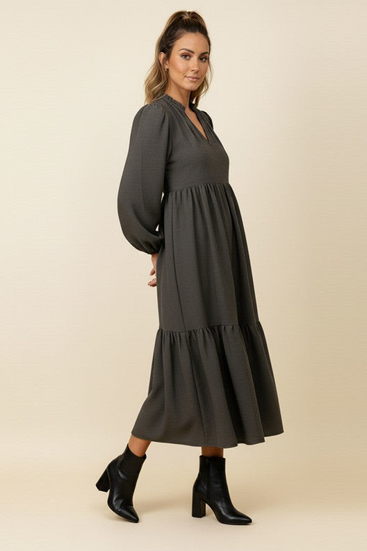 Haptics Every Single Touch V-Neck Tiered Maxi Dress in Ash Womens