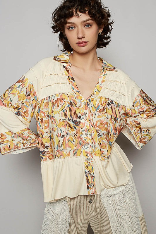 POL Frill Floral Johnny Collar Shirring Raglan Sleeve Blouse in Cream