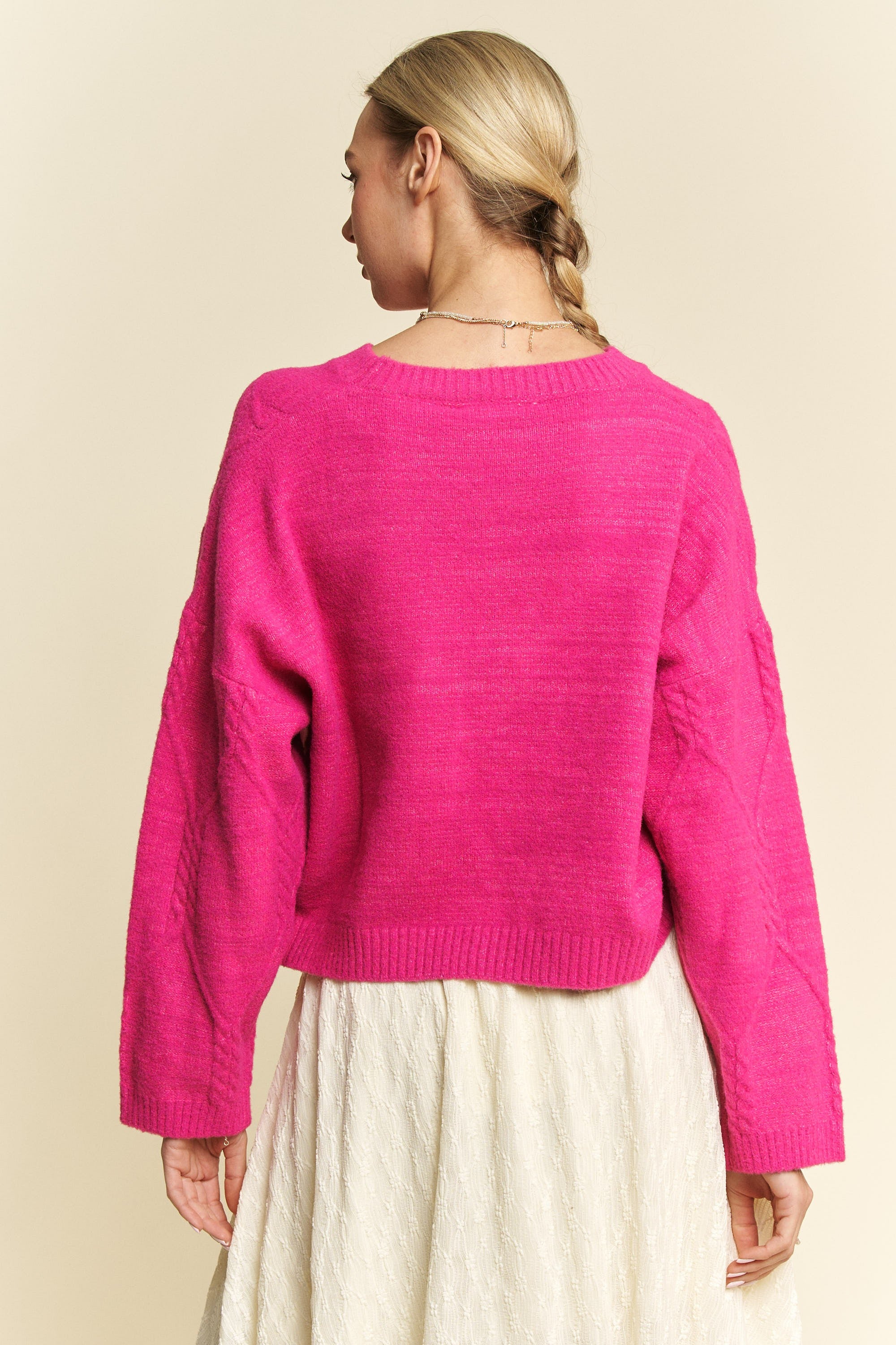 Davi & Dani Pink Diamond Cable Pattern Drop Shoulder Sweater