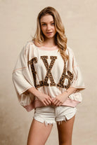 BiBi Oatmeal & Rose Leopard Print Texas Patchwork Overlock Stitch Top
