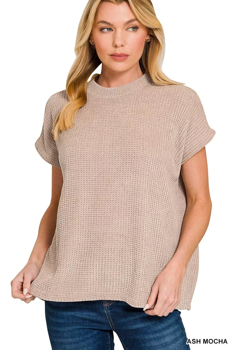 Zenana Ash Mocha Chenille Waffle Cap Sleeve Sweater ASH MOCHA