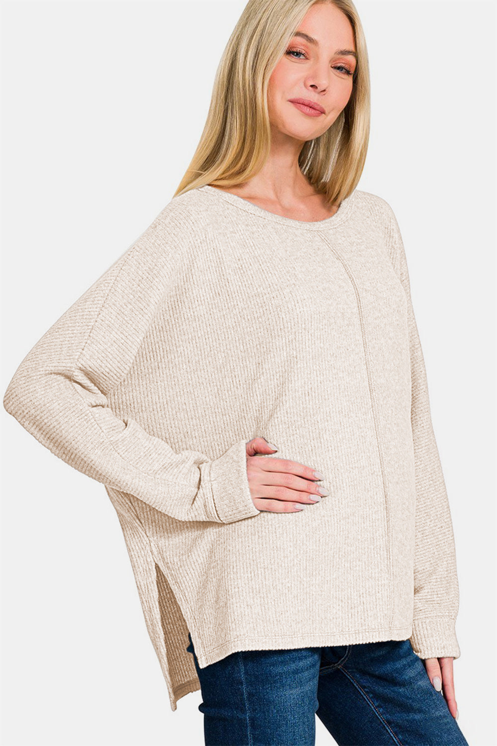 Zenana Sand Beige Brushed High-Low Side Slit Dolman Sleeve Top Shirts & Tops