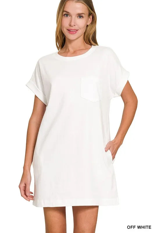 Zenana White Premium Cotton T-Shirts Dress with Pockets WHITE