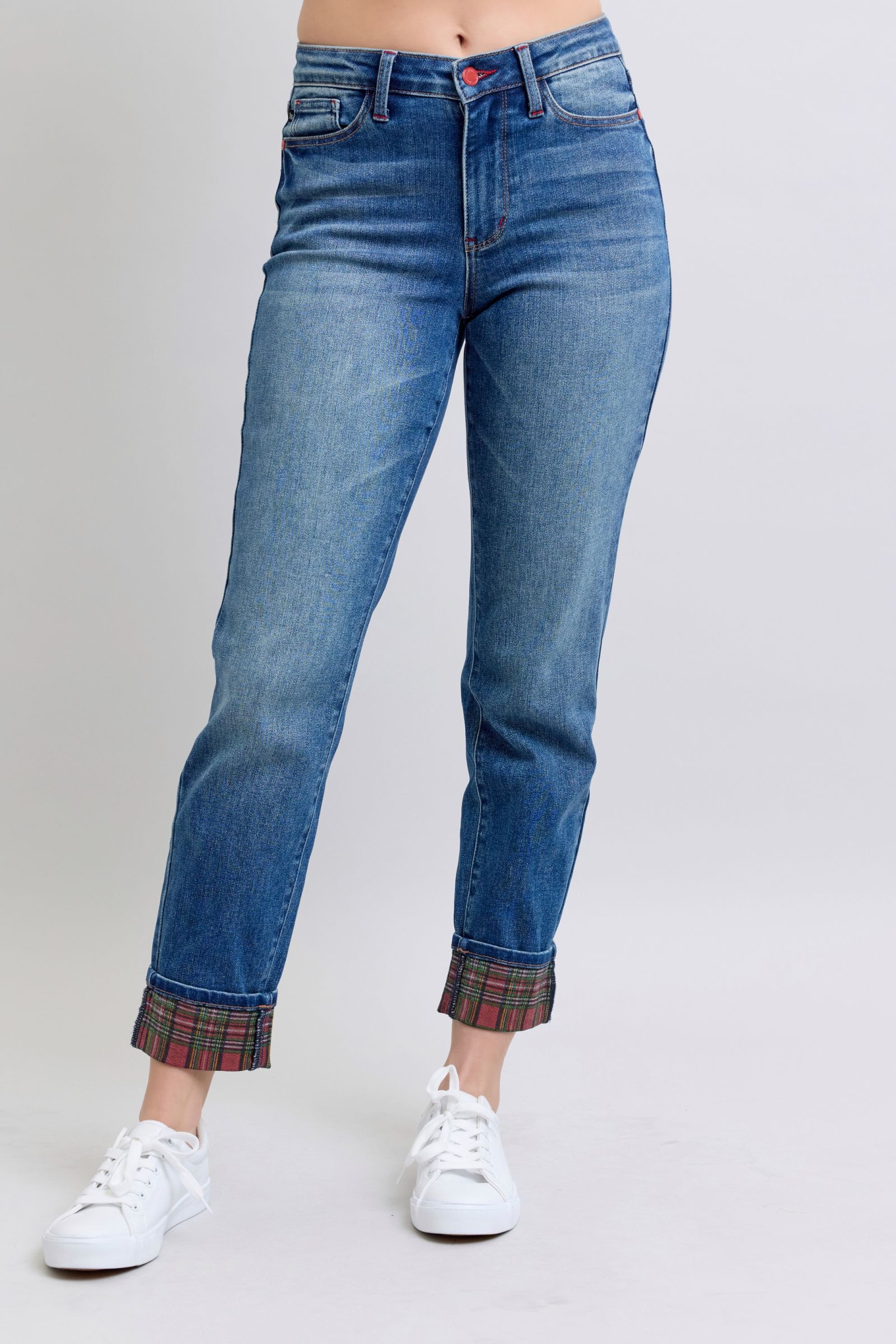 Judy Blue Plaid Print Cuff Straight Leg Mid-rise Boyfriend Jeans Jeans