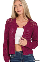 Zenana Cabernet Button Down Lightweight Crochet Cardigan Sweater