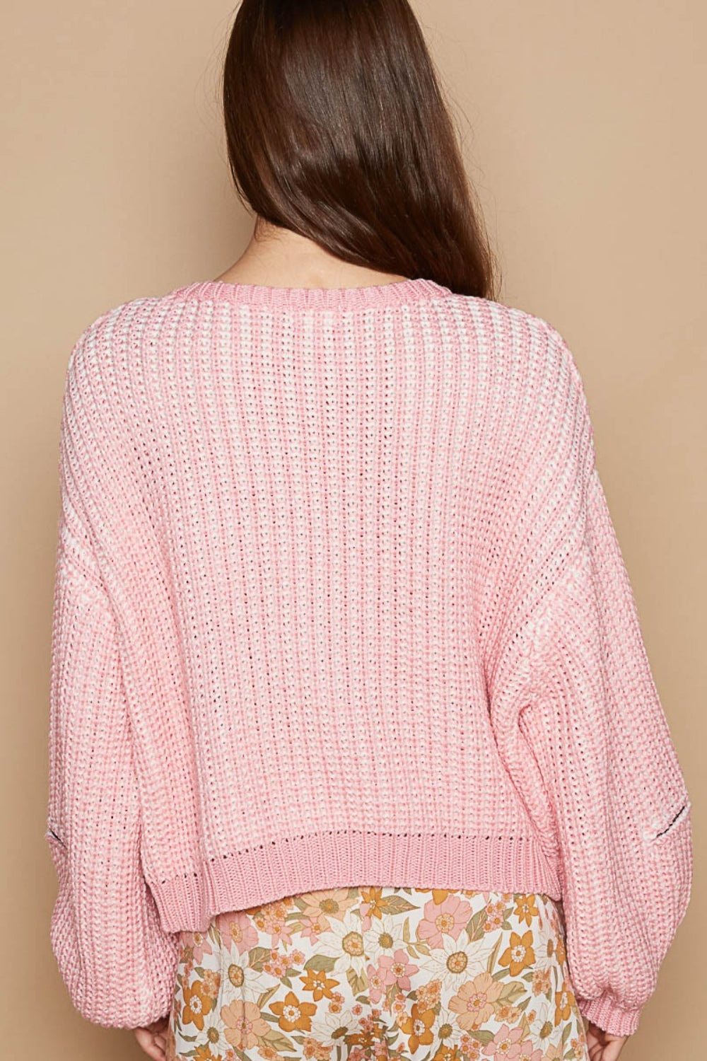 POL Candy Pink Round Neck Heart Patch Zipper Point Sleeve Sweater Trendsi