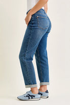 Judy Blue Mid Rise Boyfriend Embroidered Repair Patch Jeans