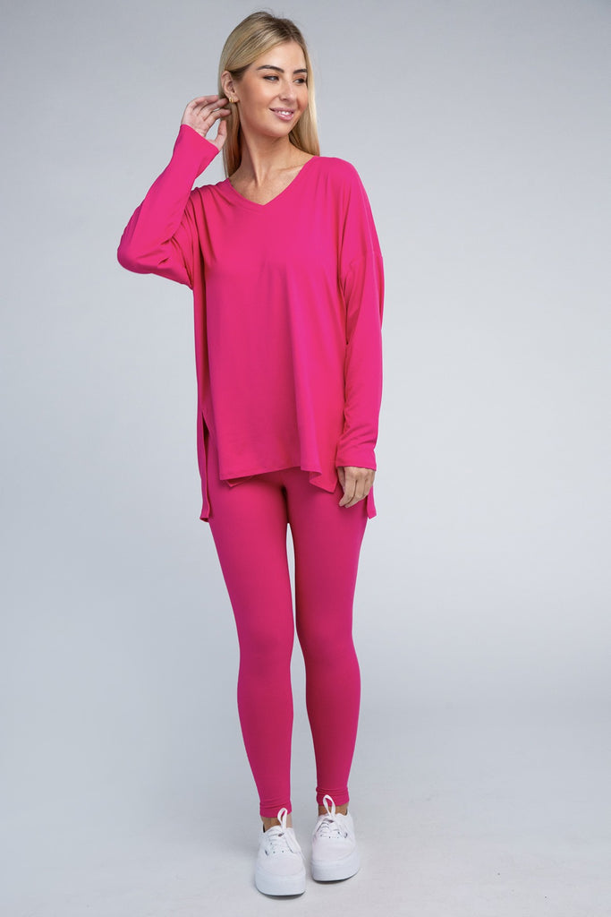 Zenana Brushed DTY Microfiber V Neck Loungewear Set HOT PINK ZENANA