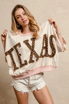 BiBi Oatmeal & Rose Leopard Print Texas Patchwork Overlock Stitch Top
