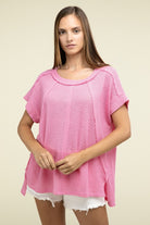 Zenana Brushed Waffle Exposed-Seam Short Sleeve Top ZENANA