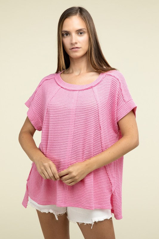 Zenana Brushed Waffle Exposed-Seam Short Sleeve Top Shirts & Tops