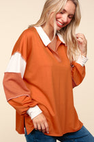 Haptics Rust Color Block Exposed Seam Long Sleeve Top Trendsi