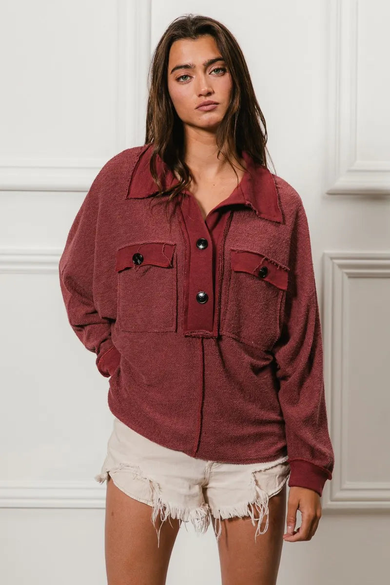 BiBi Marsala French Terry Cut Edge Detail Collared Long Sleeve Top
