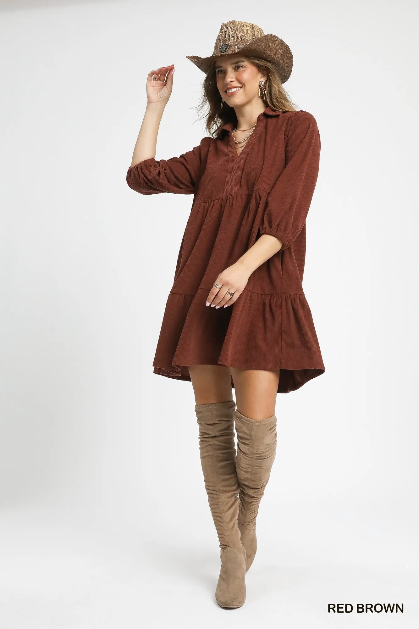 Umgee Red & Brown Tiered Corduroy Mini Dress with Balloon Sleeves