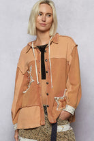 POL Burnt Sienna Button Down Hooded Jacket with with Star Patch Pattern
