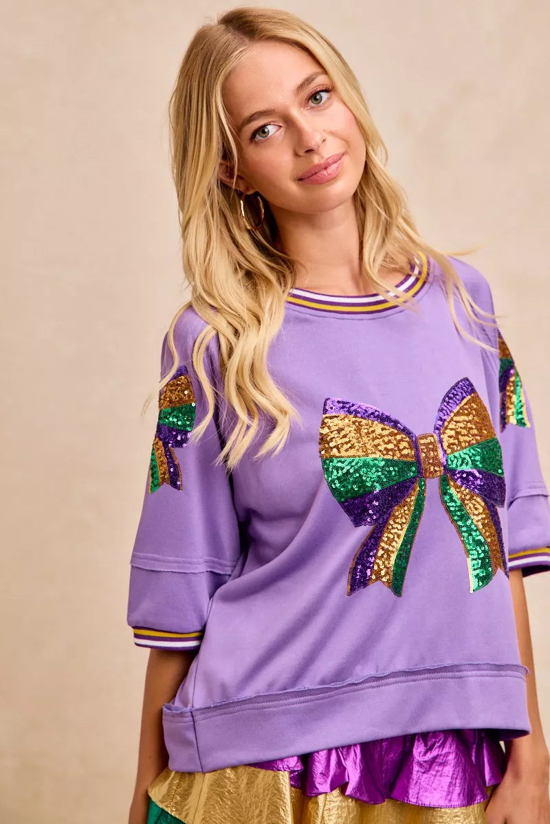 BiBi Lavender Mardi Gras Theme Ribbon Sequin Patched Top