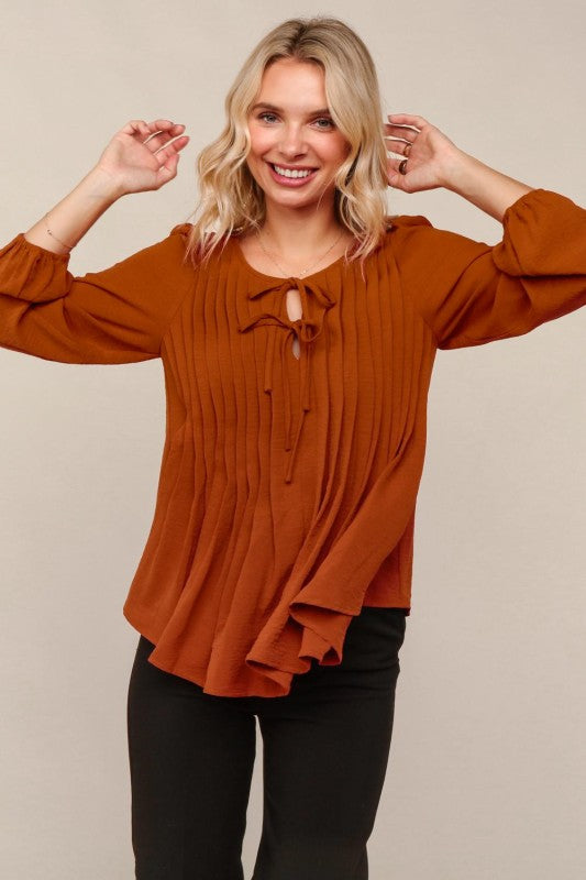 Haptics Rust Scoop Neck Solid Blouse with Ribbon Bow Detail