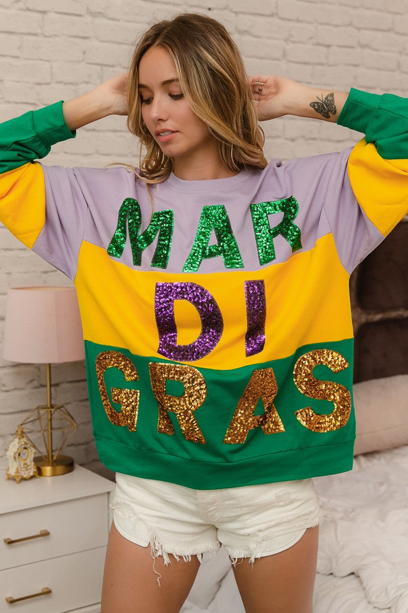 BiBi Sequin Mardi Gras Lettering Color Block Sweatshirt